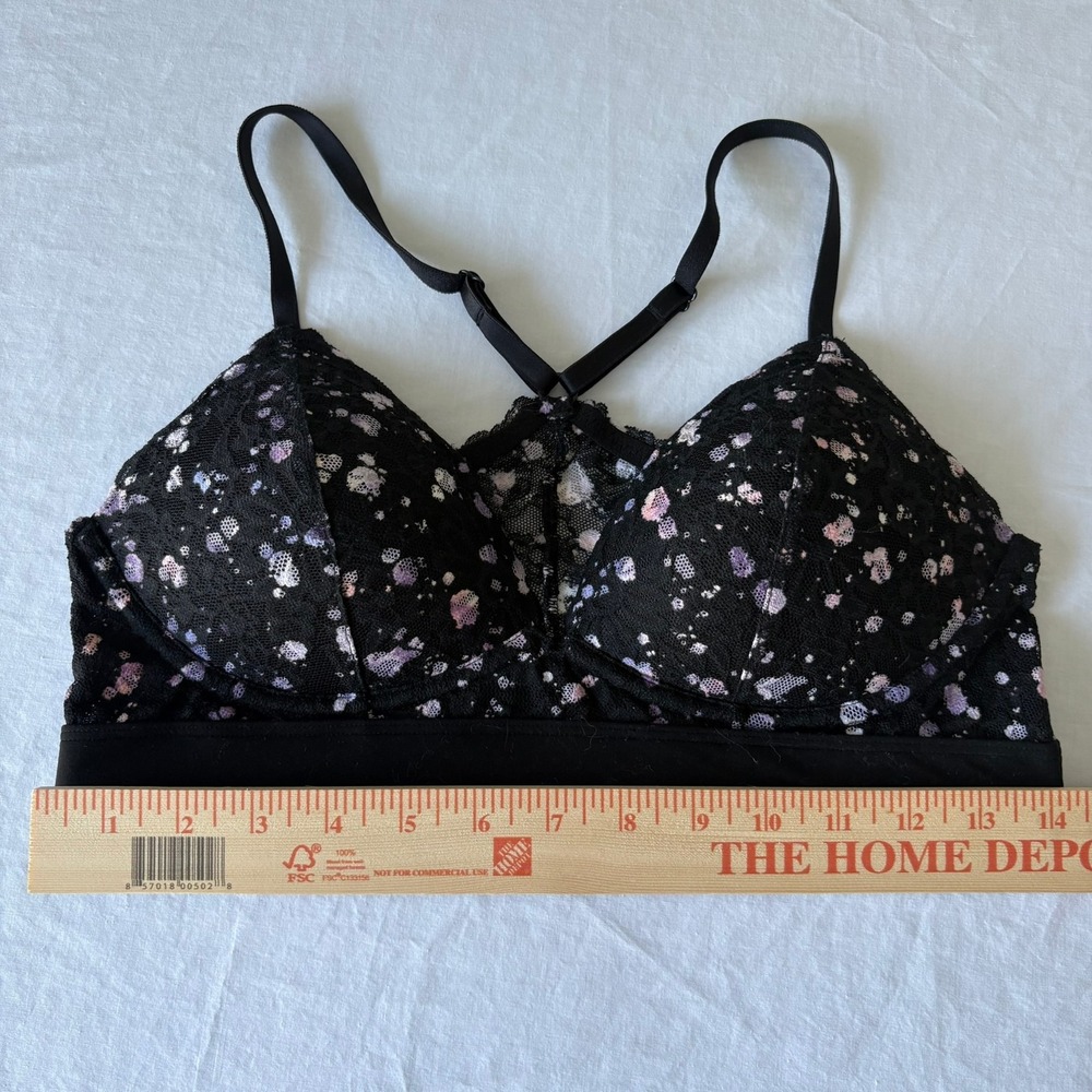 Victoria's Secret PINK Lace Bralette Black Floral Splatter Lightly Lined Medium - Picture 2 of 16